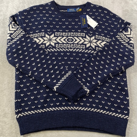 Polo Ralph Lauren Snowflake Sweater Mens XL Navy Blue Fair Isle Holiday Preppy